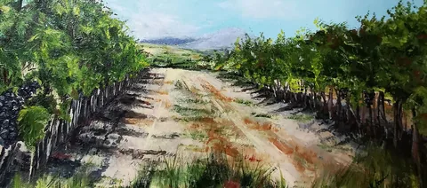 Виноградник. Дорога между рядов — картина маслом, 70×30 см