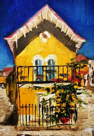 Балкон в цветах — картина маслом, 30×42 см