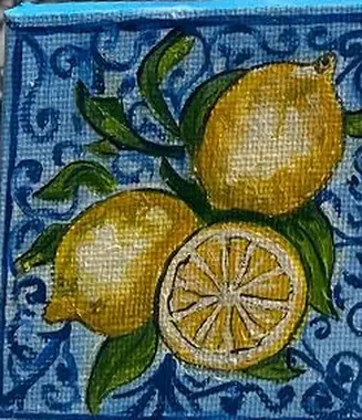 Лимоны на майолике — картина маслом, 10×12 см
