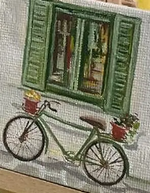 Зелёные ставни — картина маслом, 9×12 см
