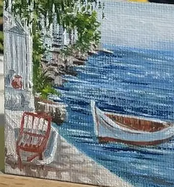 Лодка у причала — картина маслом, 10×11 см