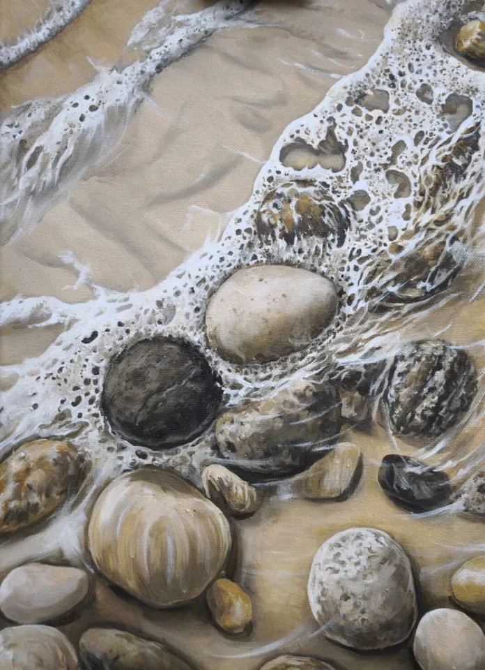 Камни на берегу — картина с морем маслом 30×40 см, пена на камнях