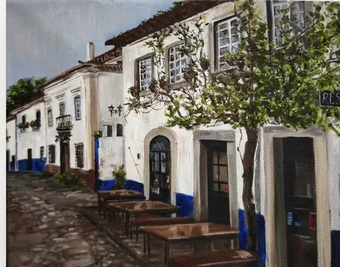 Обидуш. Утро у кафе. Португалия — картина маслом, 50×40 см